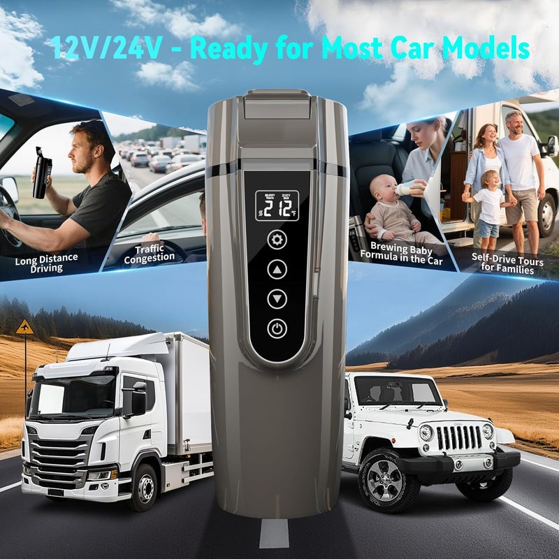 FVPE Car Electric Kettle for Travel : 12V/24V Small Electric Water Kettle, Multi-Temp Control 400 mL Portable Car Water Boiler for Brewing Coffee Tea,LCD Display 304 Stainless Steel Truck Heating Cup - Image 5